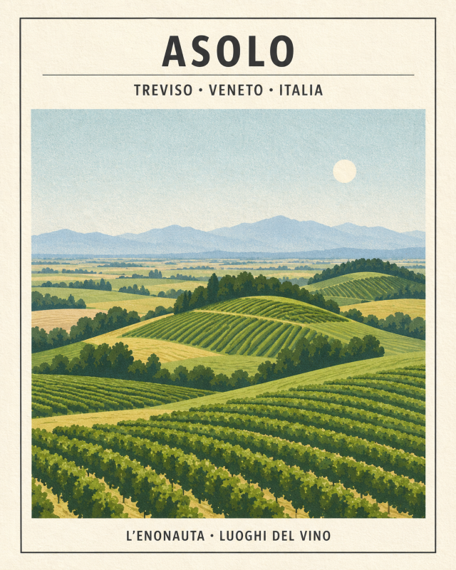 Poster illustrato di Asolo: borgo, Rocca, colline vitate e profilo del Monte Grappa