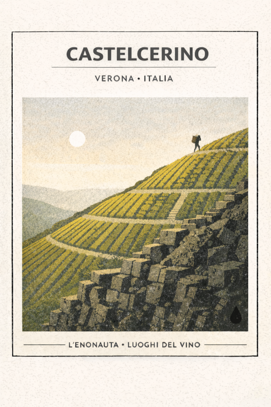 Poster illustrato di Castelcerino: dorsale collinare alta del Soave classico, vigneti e rilievi vulcanici