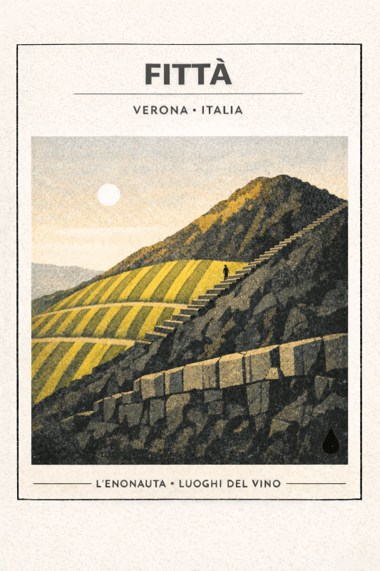 Poster illustrato di Fittà: colline alte del Soave classico con vigneti e dorsali vulcaniche