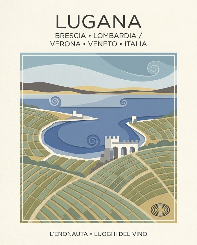 Poster illustrato del Lugana: sponda sud del Garda, argille e vigneti