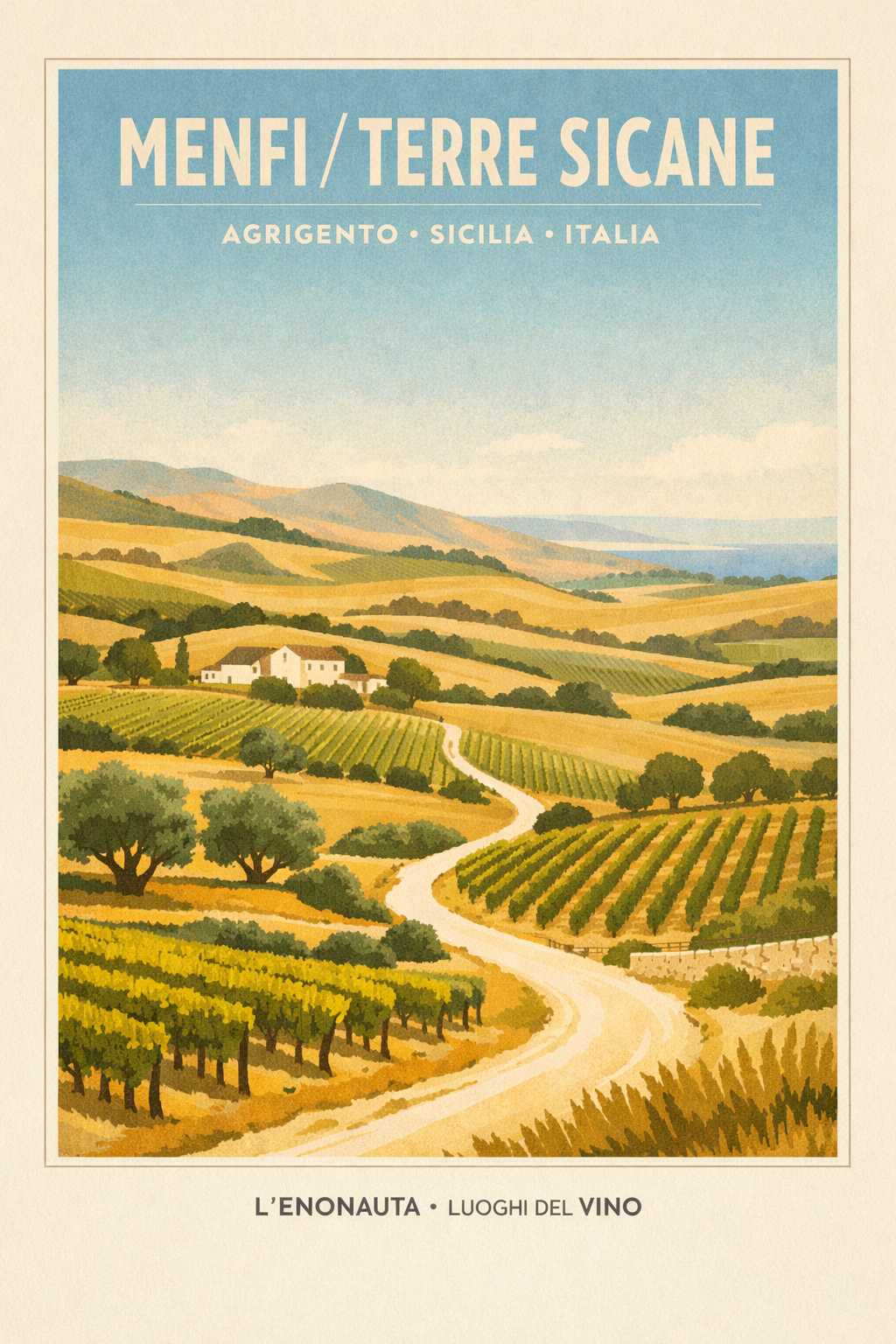Poster L’Enonauta dedicato a Menfi e alle Terre Sicane, luogo del vino nella Sicilia sud-occidentale