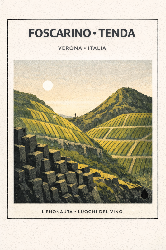 Poster illustrato di Monte Foscarino e Monte Tenda nel Soave classico: colline, dorsali e vigne su suoli differenti