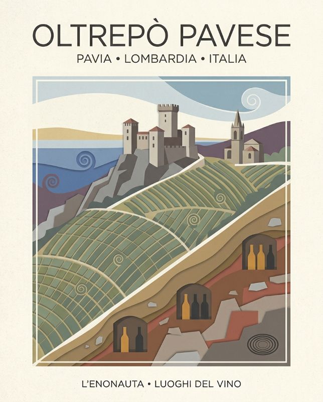 Poster illustrato dell’Oltrepò Pavese: colline appenniniche, crinali e vigneti