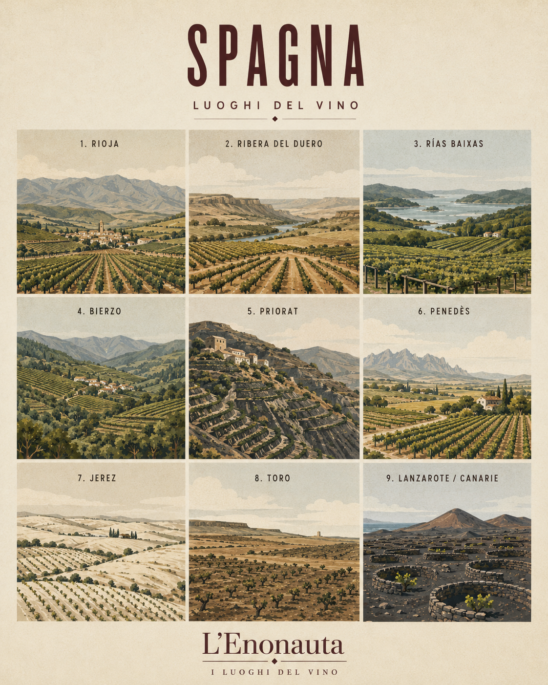 Poster illustrato dedicato alla Spagna per la serie Luoghi del Vino de L'Enonauta