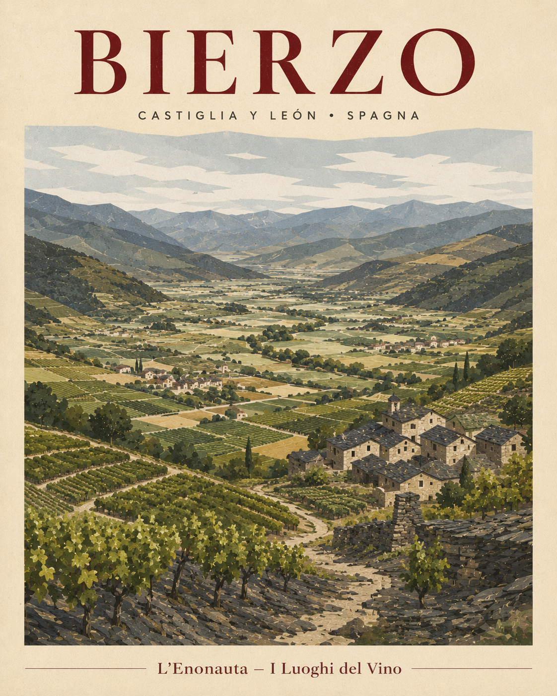 Poster illustrato dedicato al Bierzo per la serie Luoghi del Vino de L'Enonauta