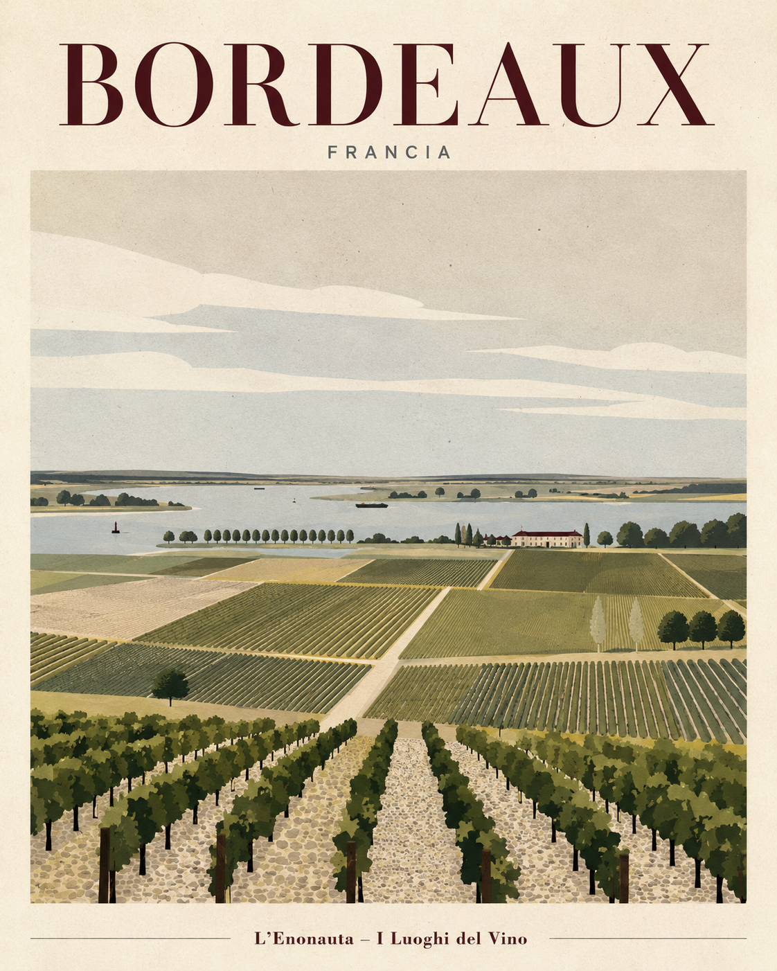 Poster illustrato dedicato a Bordeaux per la serie Luoghi del Vino de L'Enonauta