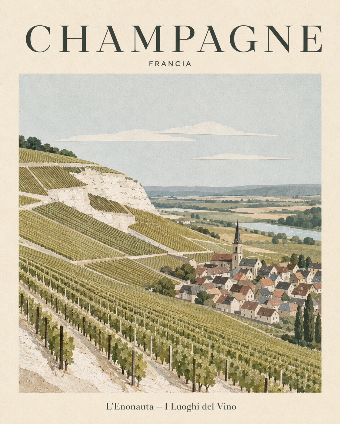 Poster illustrato dedicato alla Champagne per la serie Luoghi del Vino de L'Enonauta
