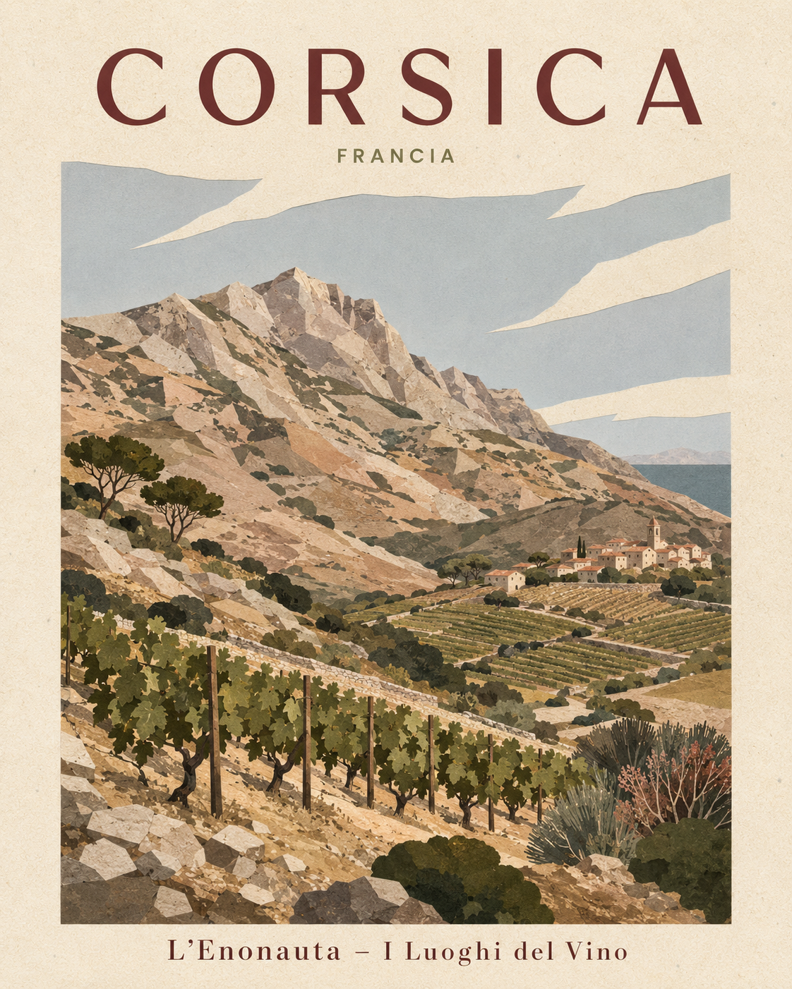 Poster illustrato dedicato alla Corsica per la serie Luoghi del Vino de L'Enonauta