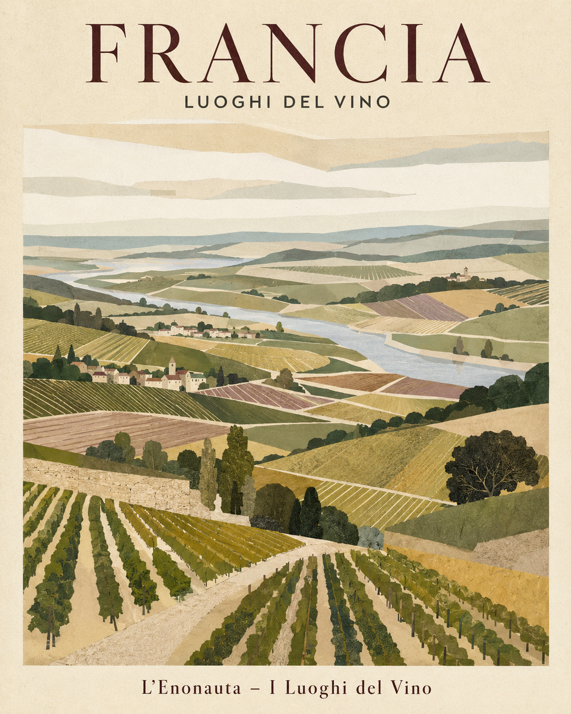 Poster illustrato dedicato alla Francia per la serie Luoghi del Vino de L'Enonauta