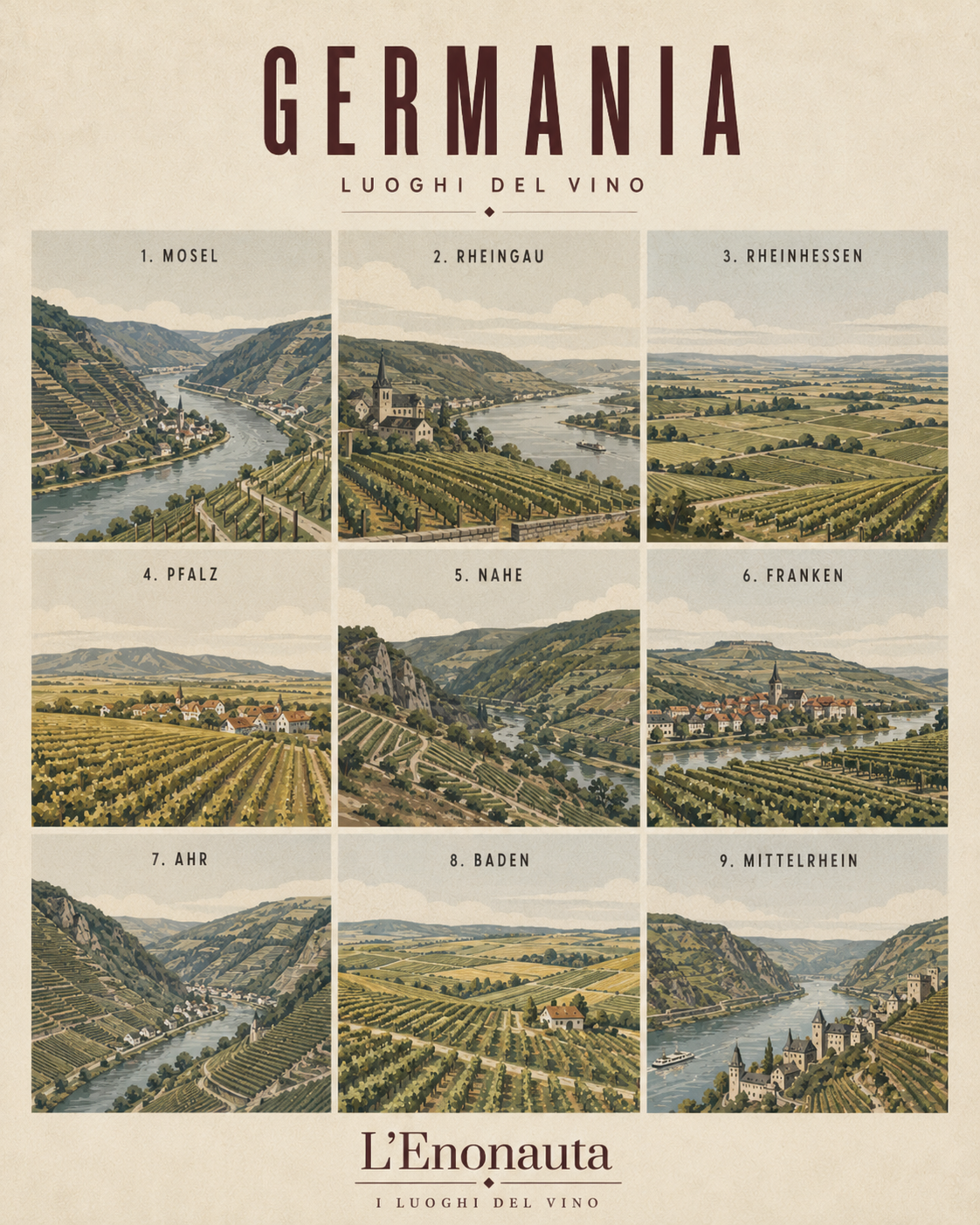 Poster illustrato dedicato al Rheingau per la serie Luoghi del Vino de L'Enonauta