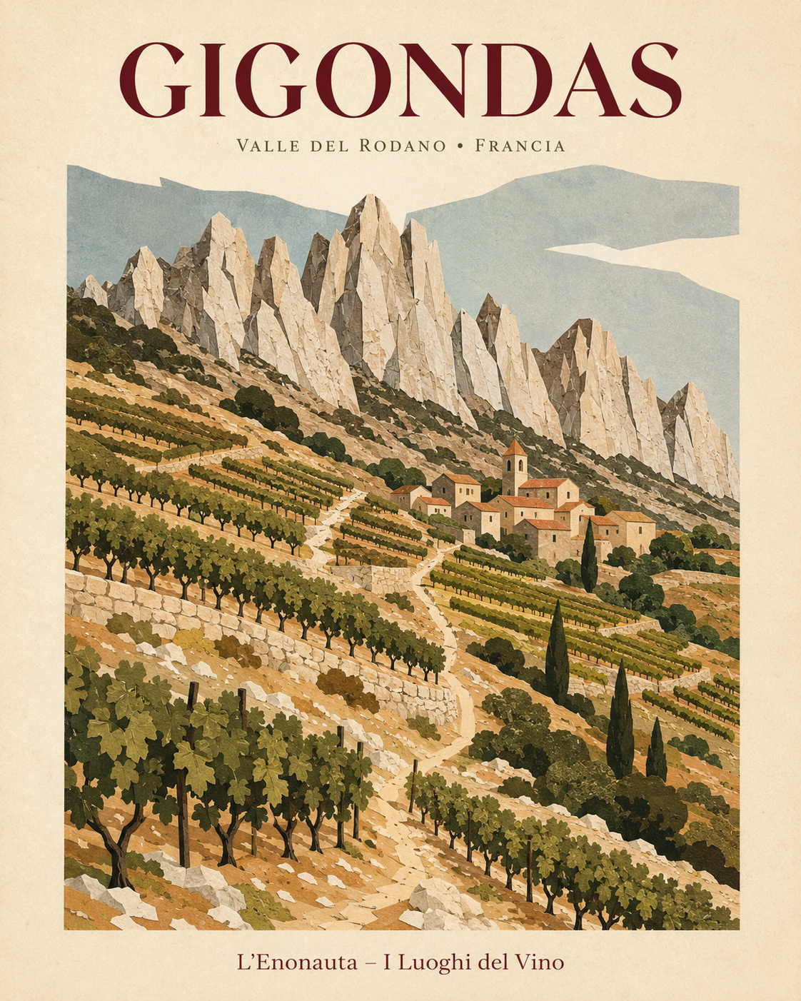 Poster illustrato dedicato a Gigondas per la serie Luoghi del Vino de L'Enonauta