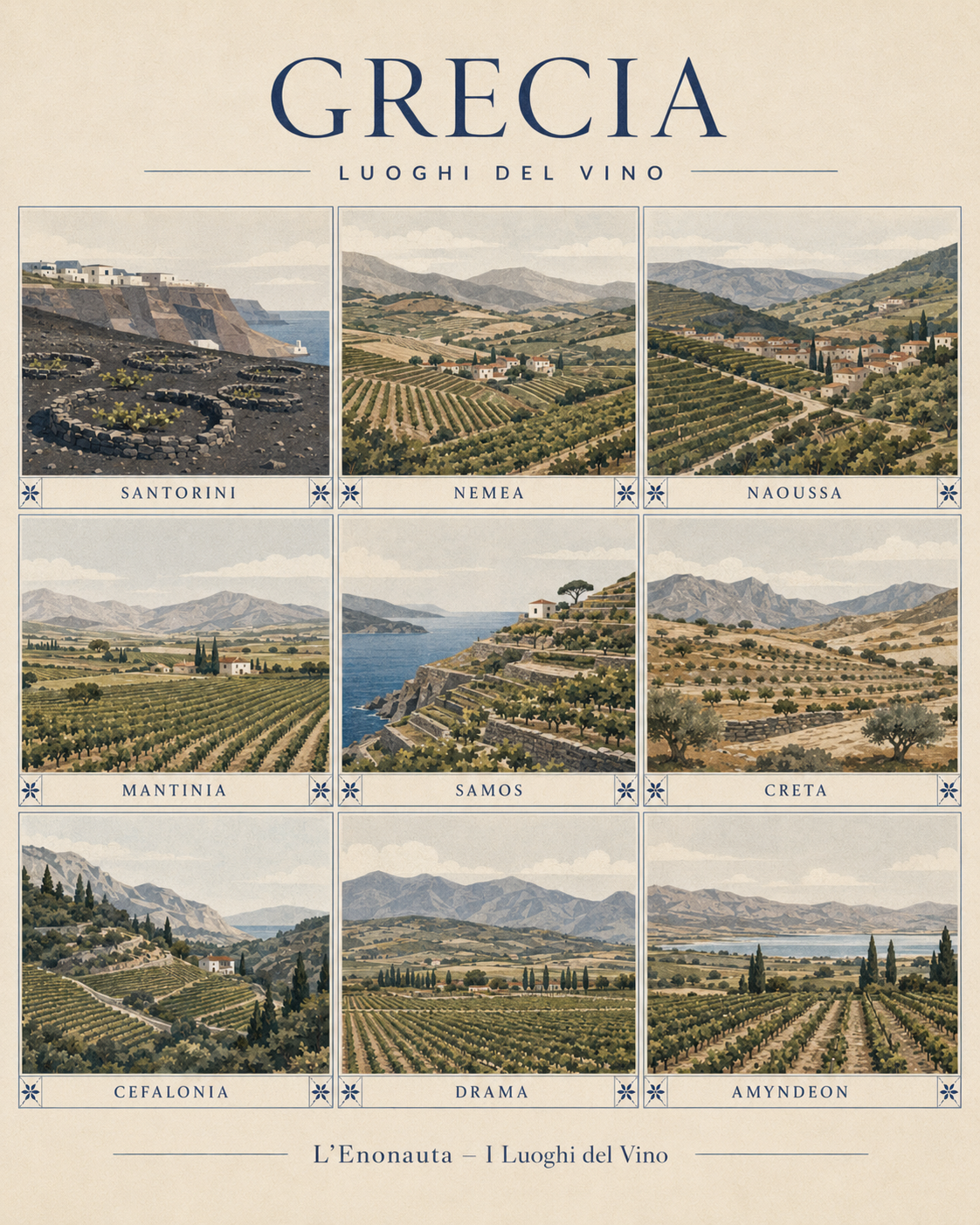 Poster illustrato dedicato alla Grecia per la serie Luoghi del Vino de L'Enonauta