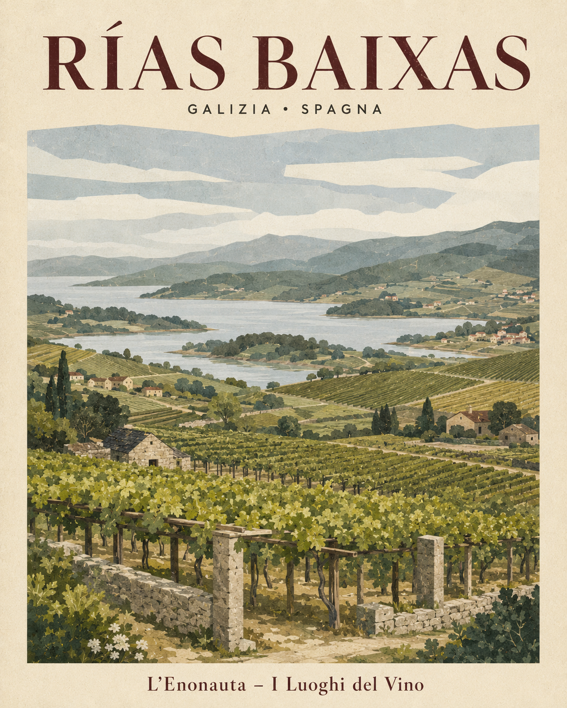 Poster illustrato dedicato a Rías Baixas per la serie Luoghi del Vino de L'Enonauta