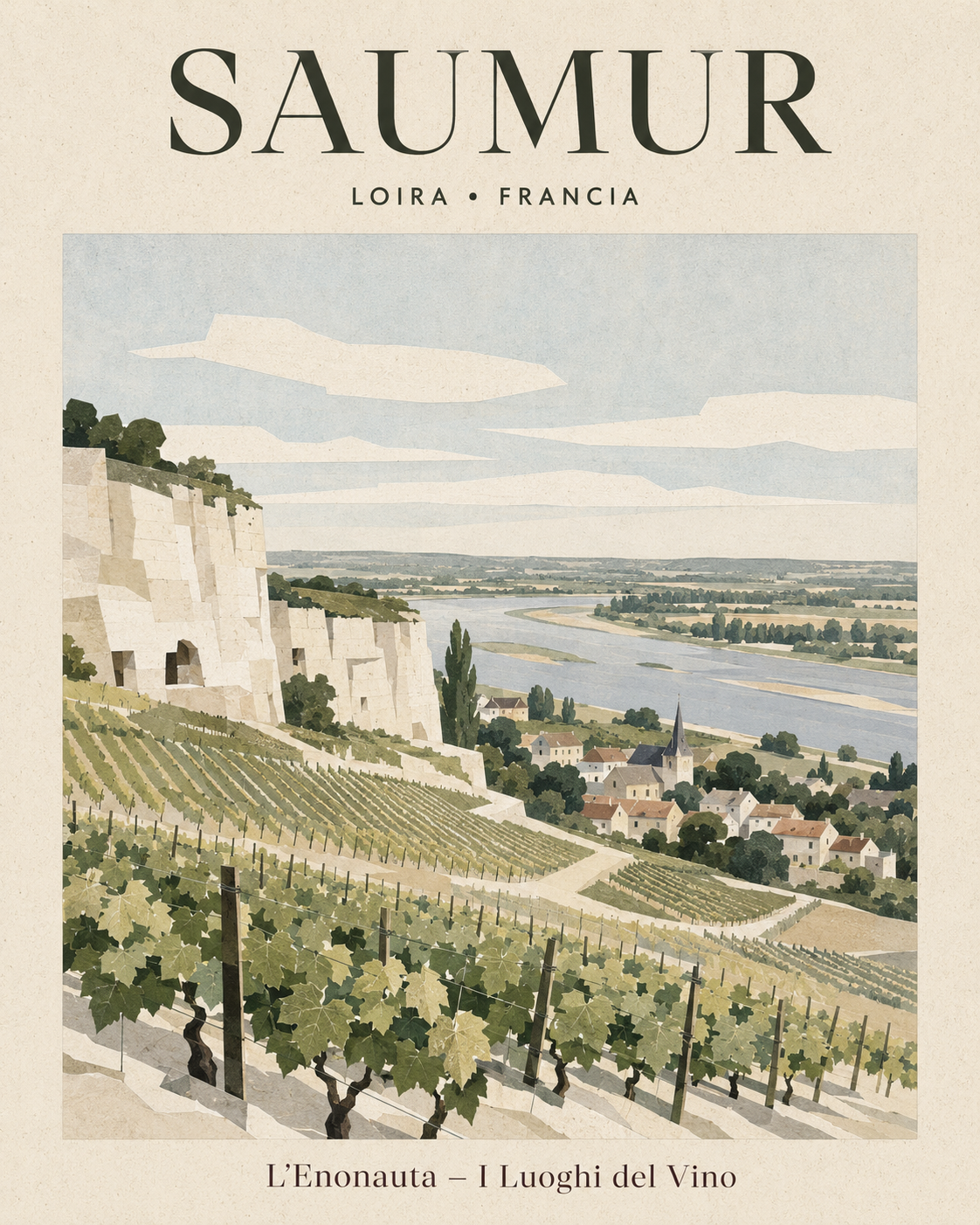 Poster illustrato dedicato a Saumur nella Loira per la serie Luoghi del Vino de L'Enonauta