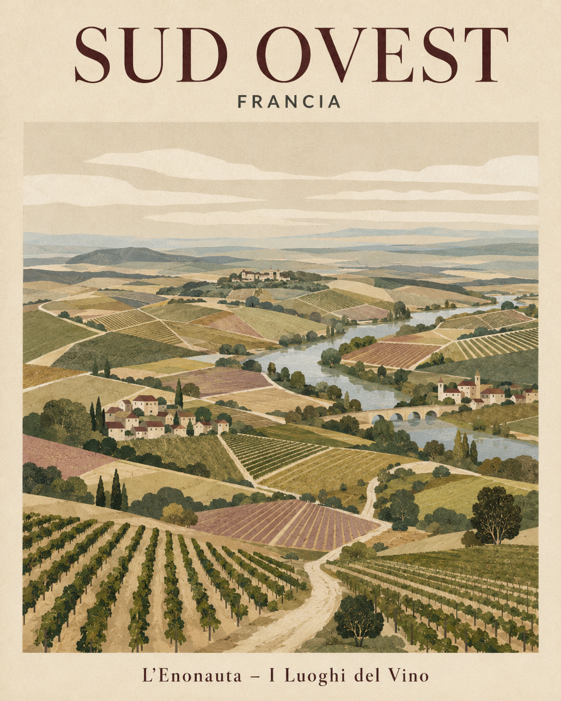 Poster illustrato dedicato al Sud-Ovest francese per la serie Luoghi del Vino de L'Enonauta