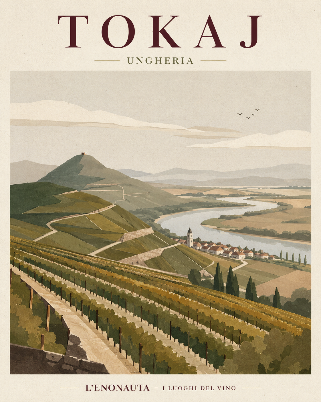Poster illustrato dedicato a Tokaj in Ungheria per la serie Luoghi del Vino de L'Enonauta